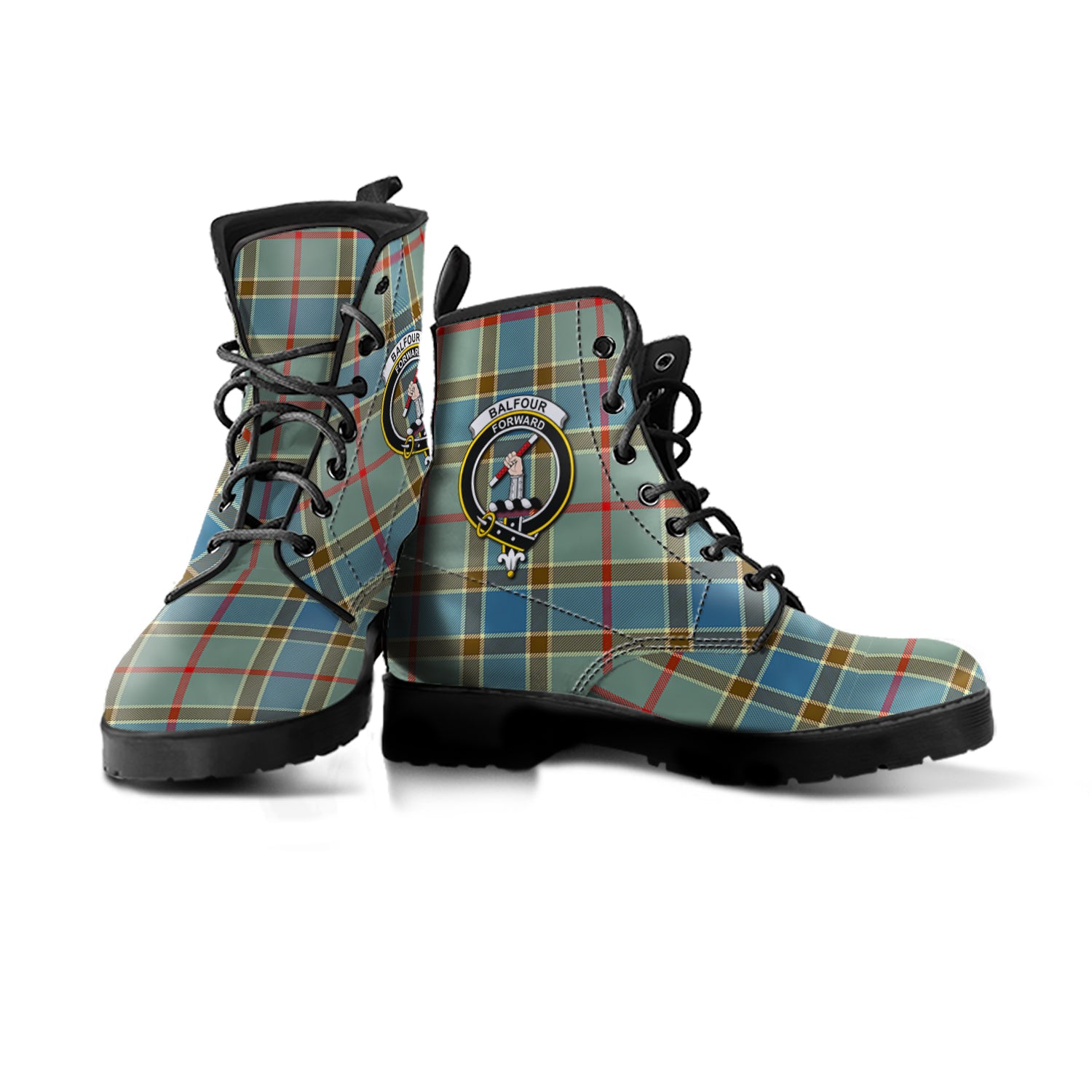 Balfour Blue Tartan Leather Boots with Family Crest - Tartanvibesclothing