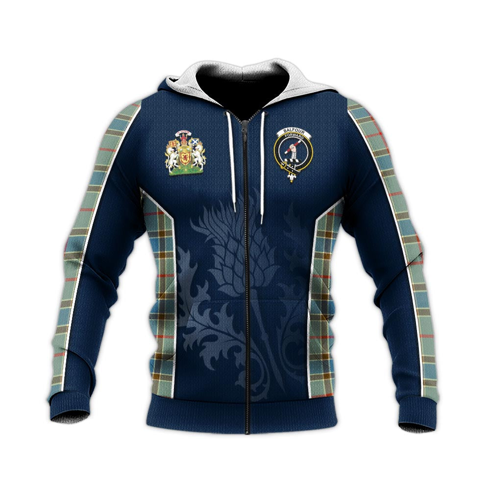 Tartan Vibes Clothing Balfour Blue Tartan Knitted Hoodie with Family Crest and Scottish Thistle Vibes Sport Style