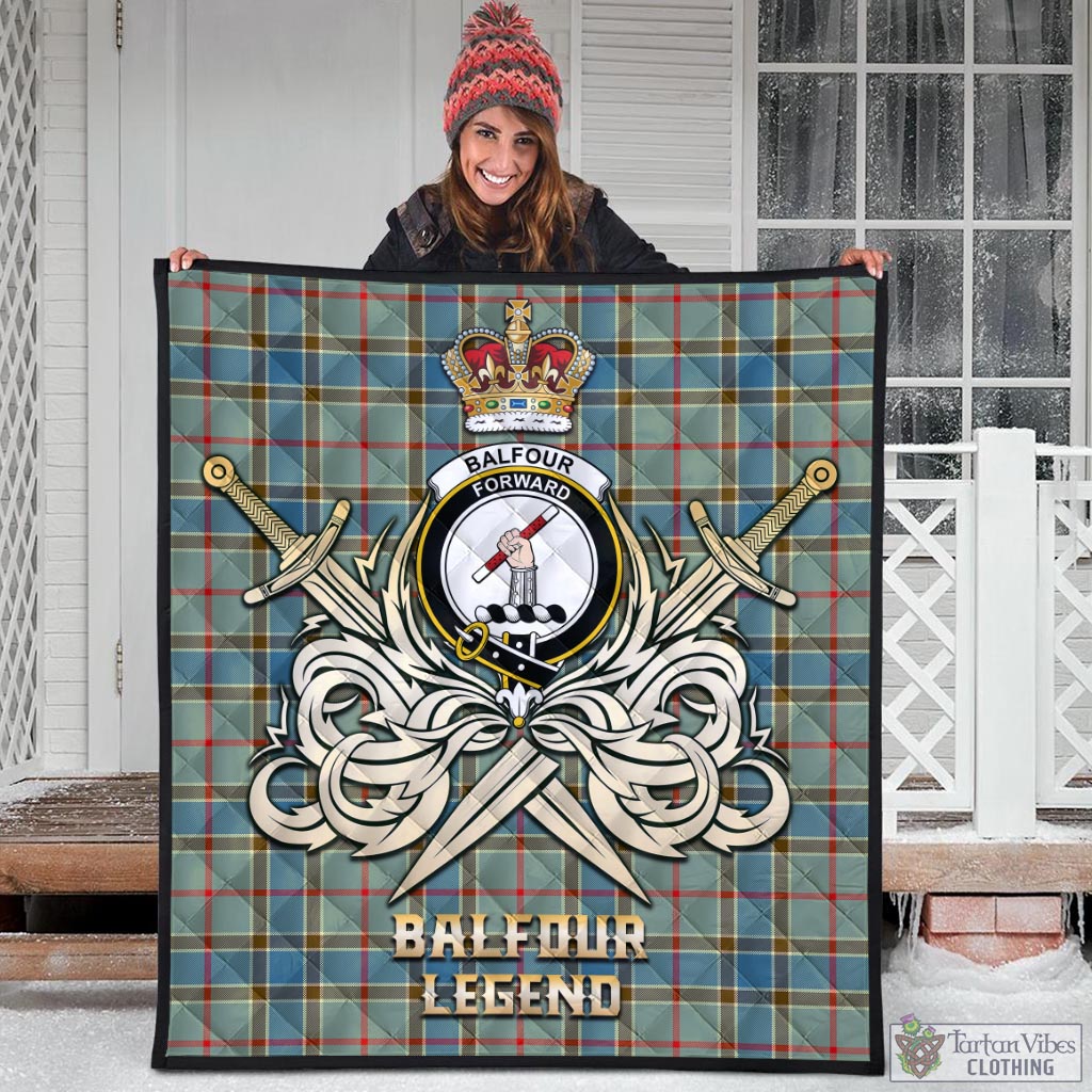 Tartan Vibes Clothing Balfour Blue Tartan Quilt with Clan Crest and the Golden Sword of Courageous Legacy