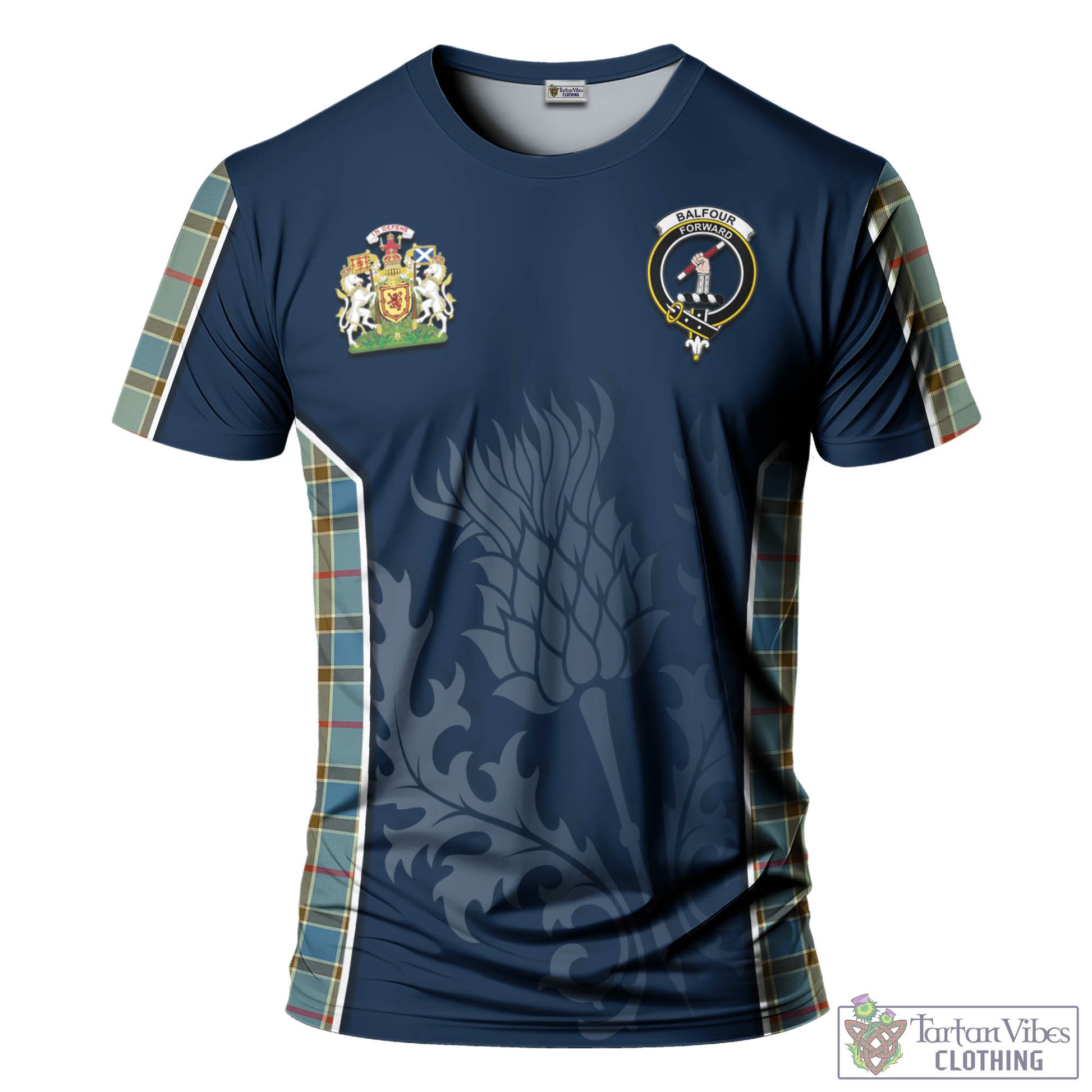 Tartan Vibes Clothing Balfour Blue Tartan T-Shirt with Family Crest and Scottish Thistle Vibes Sport Style