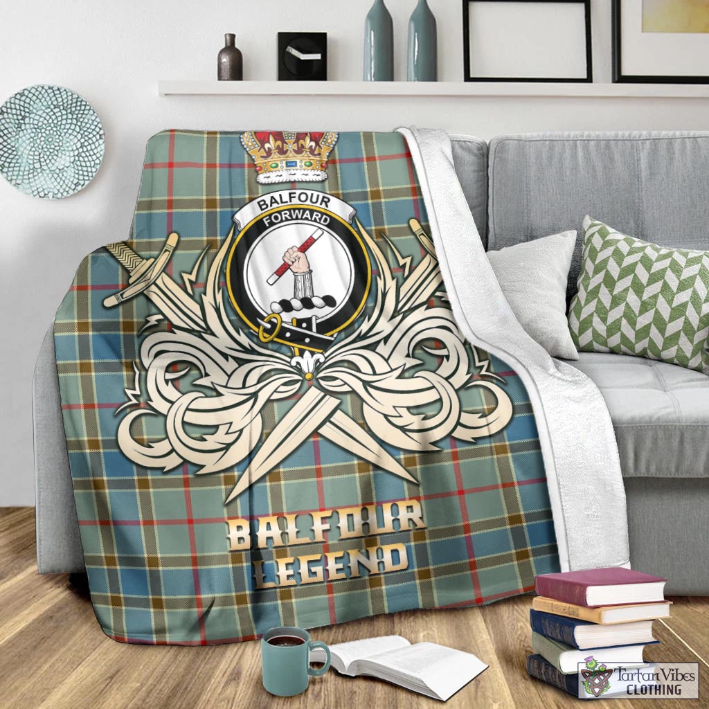 Tartan Vibes Clothing Balfour Blue Tartan Blanket with Clan Crest and the Golden Sword of Courageous Legacy