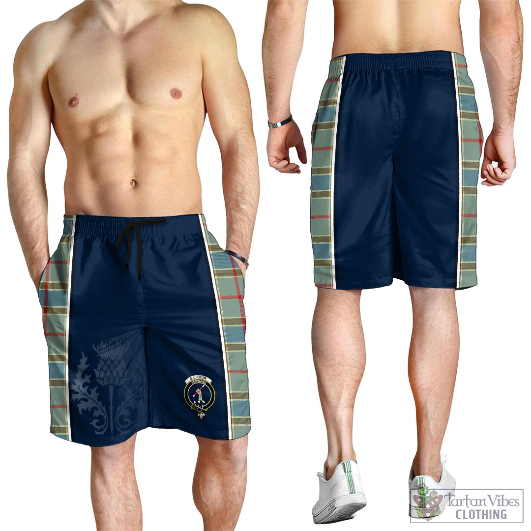 Tartan Vibes Clothing Balfour Blue Tartan Men's Shorts with Family Crest and Scottish Thistle Vibes Sport Style