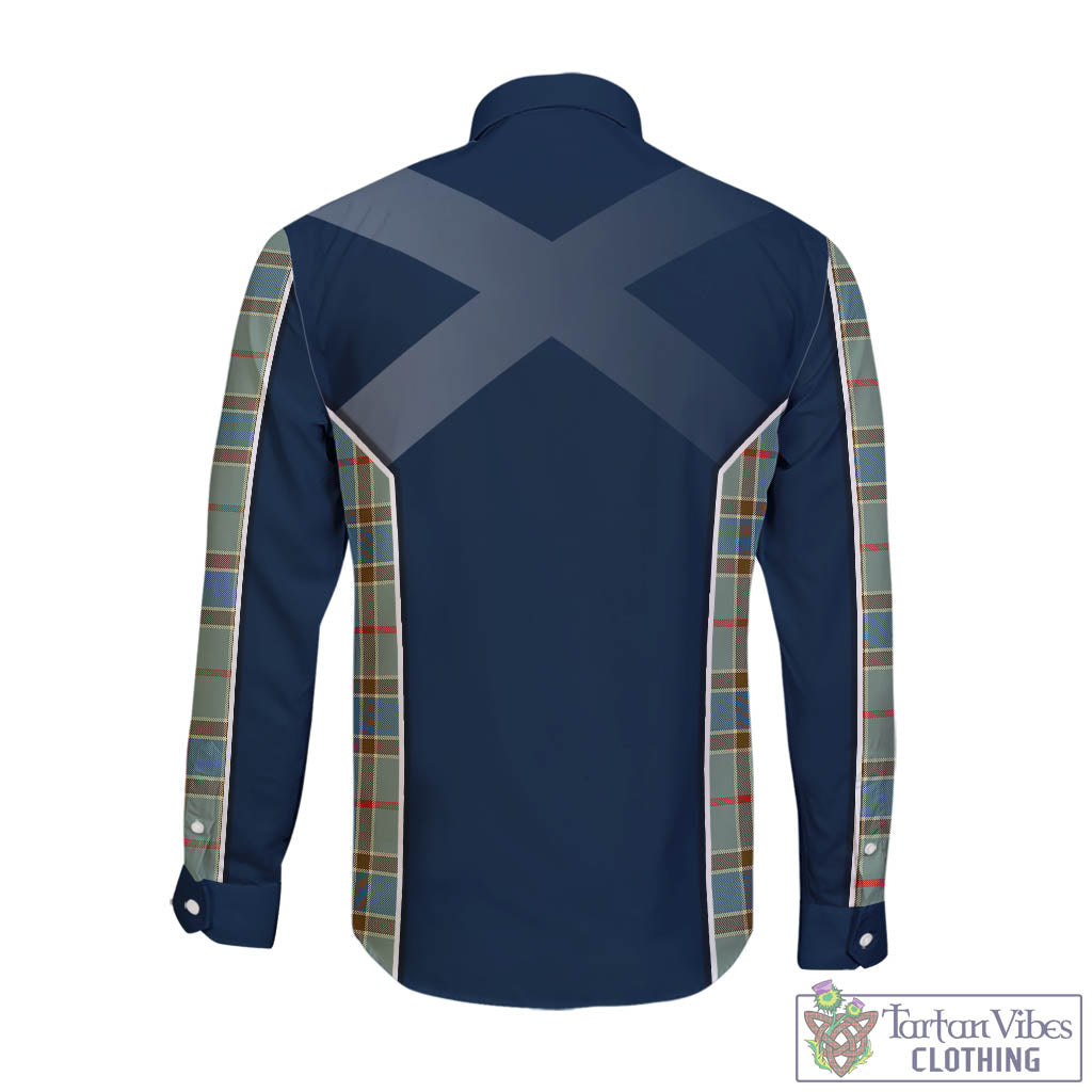 Tartan Vibes Clothing Balfour Blue Tartan Long Sleeve Button Up Shirt with Family Crest and Scottish Thistle Vibes Sport Style