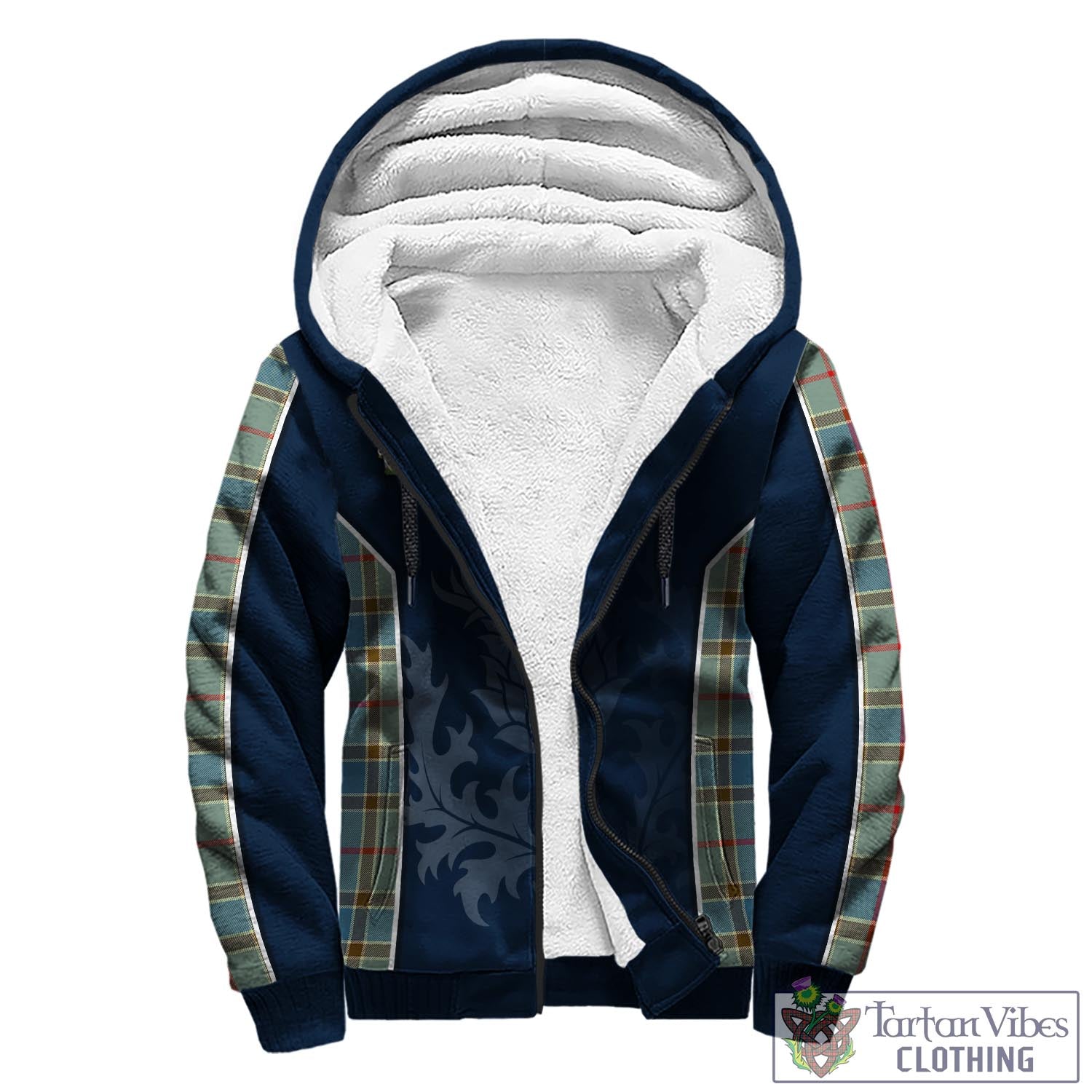 Tartan Vibes Clothing Balfour Blue Tartan Sherpa Hoodie with Family Crest and Scottish Thistle Vibes Sport Style