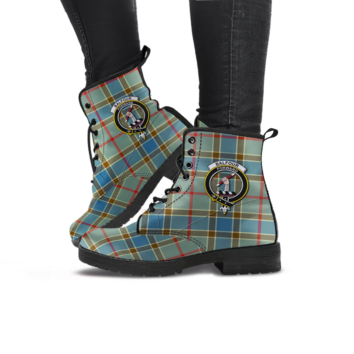 Balfour Blue Tartan Leather Boots with Family Crest - Tartanvibesclothing