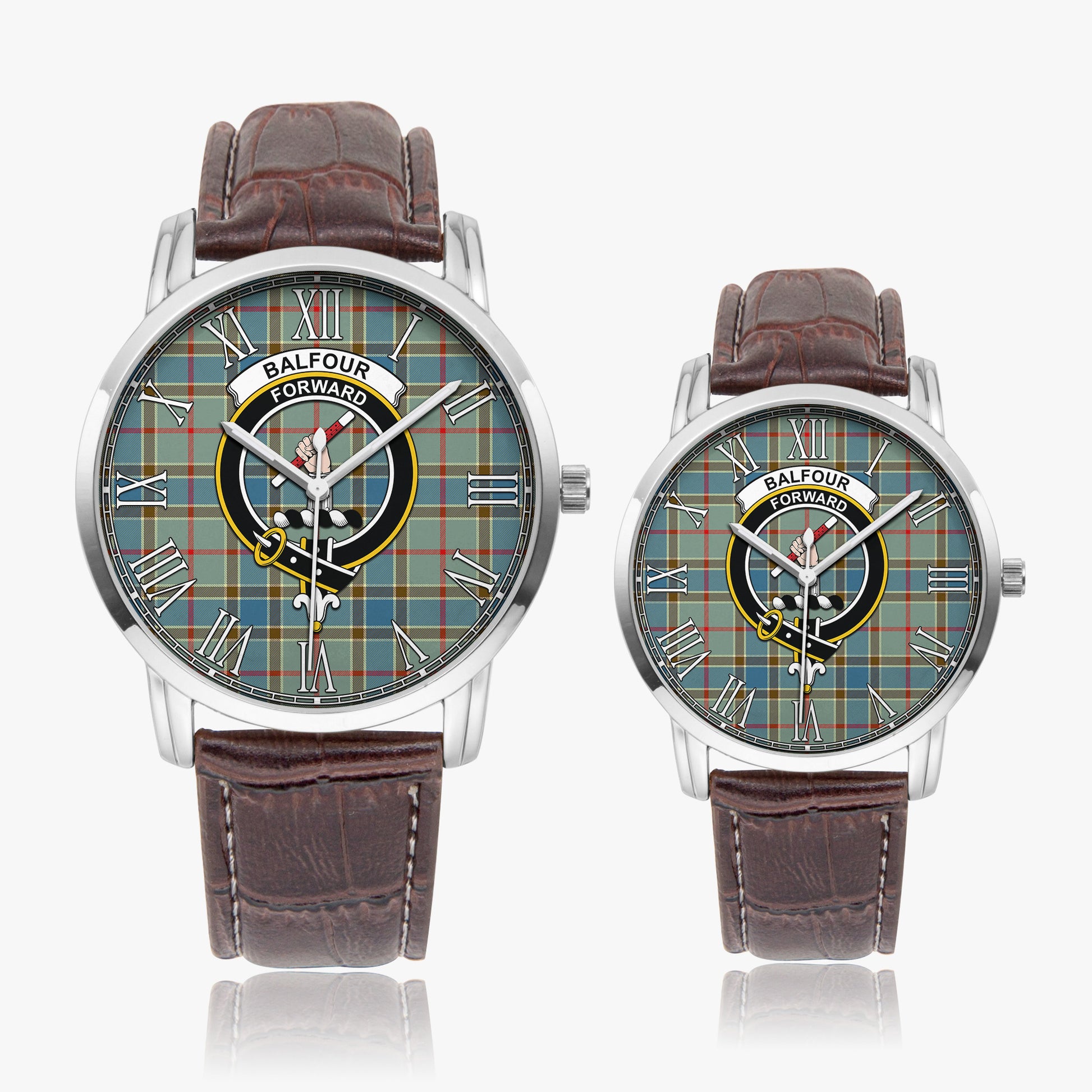 Balfour Blue Tartan Family Crest Leather Strap Quartz Watch - Tartanvibesclothing