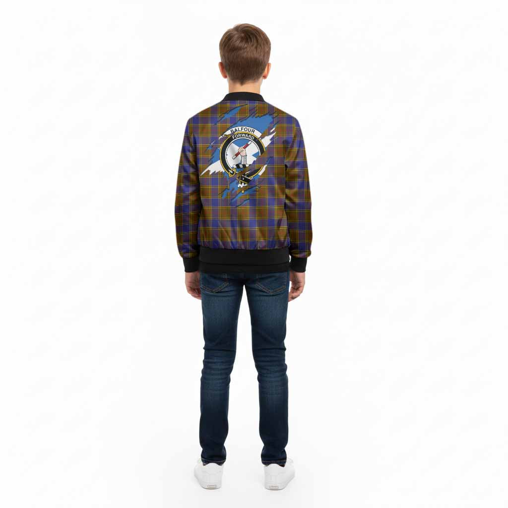 Balfour Clan Crest In Me Tartan Kid Bomber Jacket Scotland Flag Style