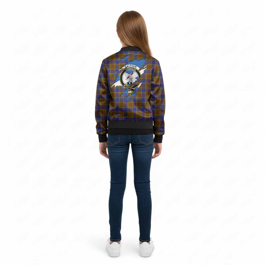 Balfour Clan Crest In Me Tartan Kid Bomber Jacket Scotland Flag Style