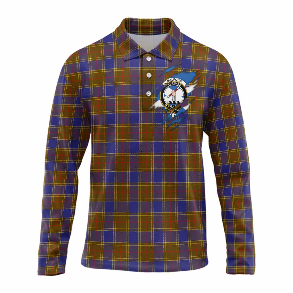 Balfour Clan Crest In Me Tartan Long Sleeve Polo Shirt Scotland Flag Style