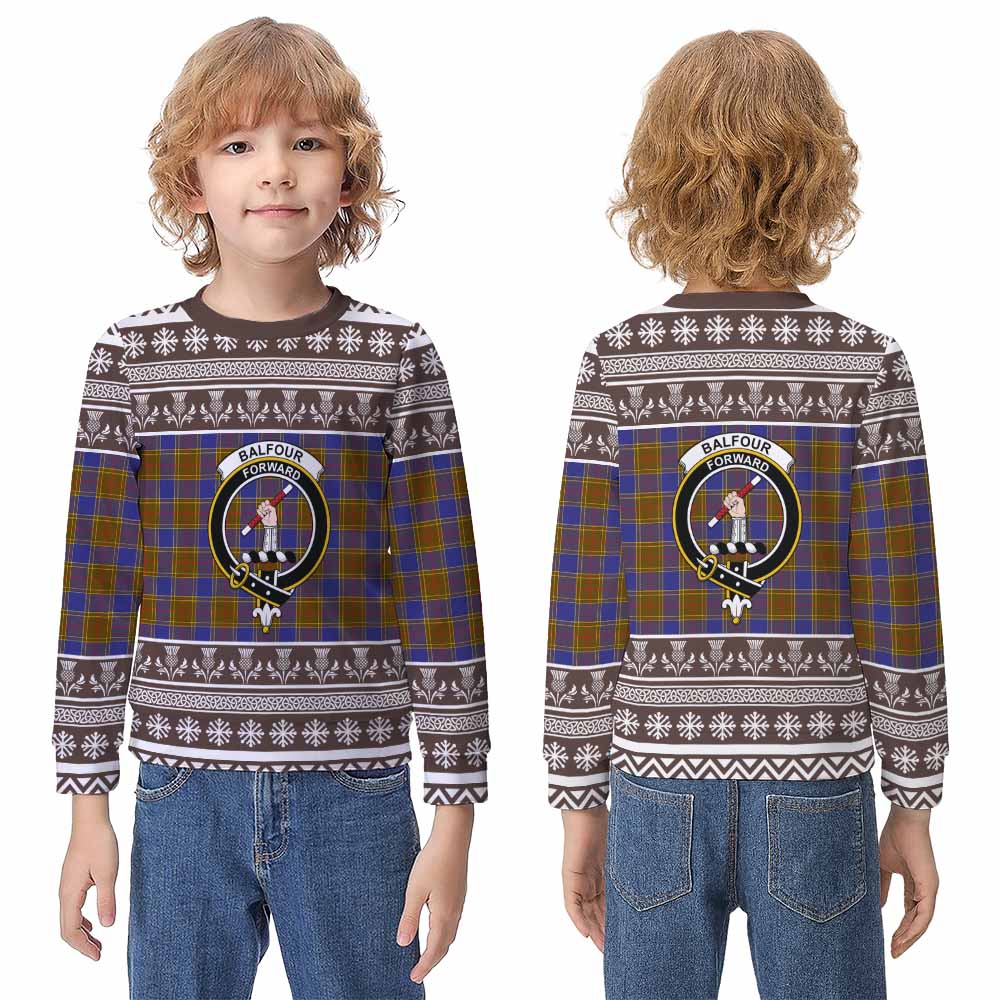 Balfour Clan Tartan Christmas Kid Ugly Sweatshirt with Family Crest - Tartan Vibes Clothing