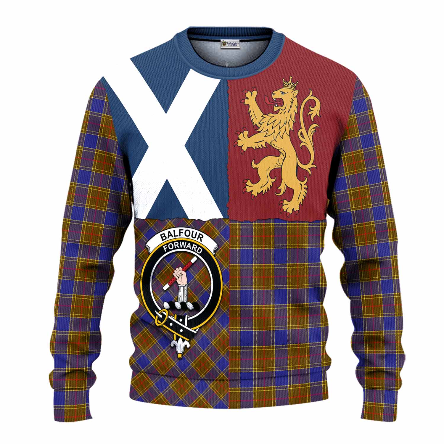 Balfour Crest Tartan Knitted Sweater with Lion Rampant Saltire Style