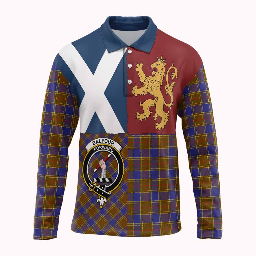 Balfour Crest Tartan Long Sleeve Polo Shirt with Lion Rampant Saltire Style