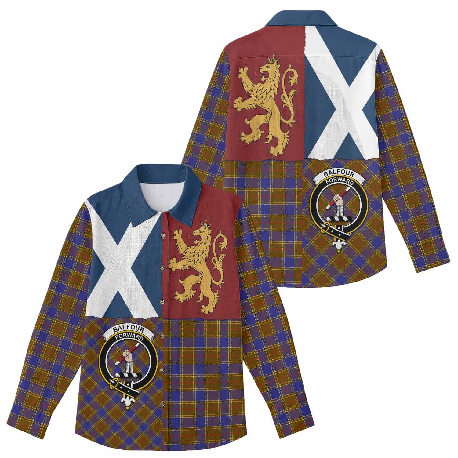 Balfour Crest Tartan Women Casual Shirt with Lion Rampant Saltire Style