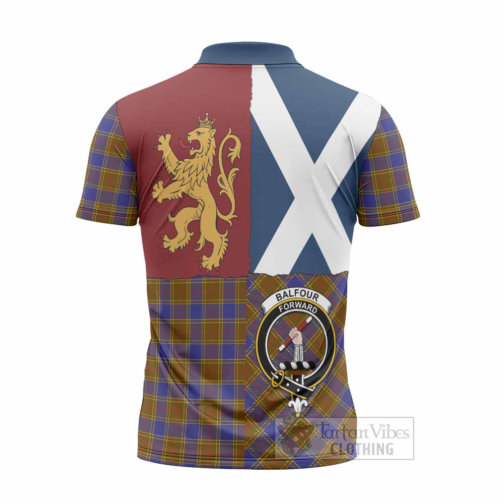 Balfour Crest Tartan Zipper Polo Shirt with Lion Rampant Saltire Style