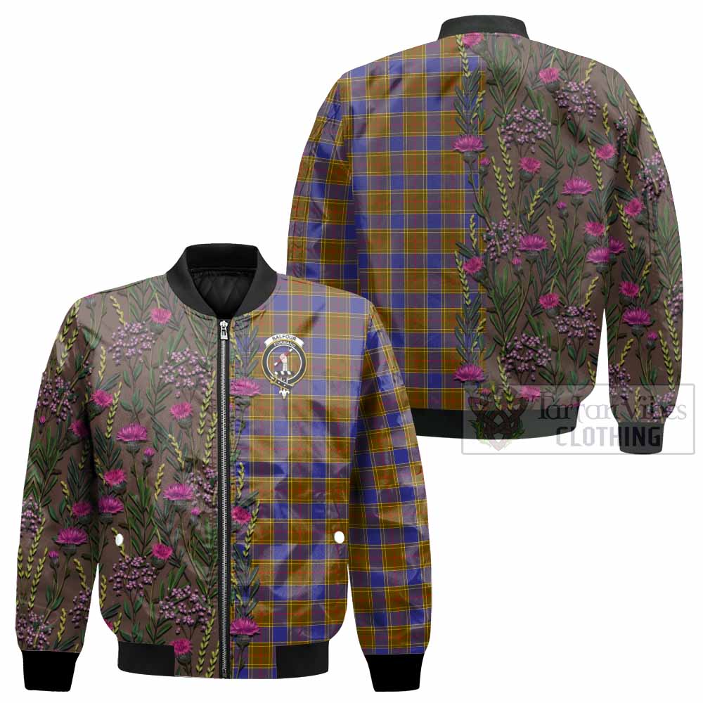 Balfour Family Crest Tartan Bomber Jacket Scottish Thistle Flower Pattern Half Style - Tartan Vibes Clothing