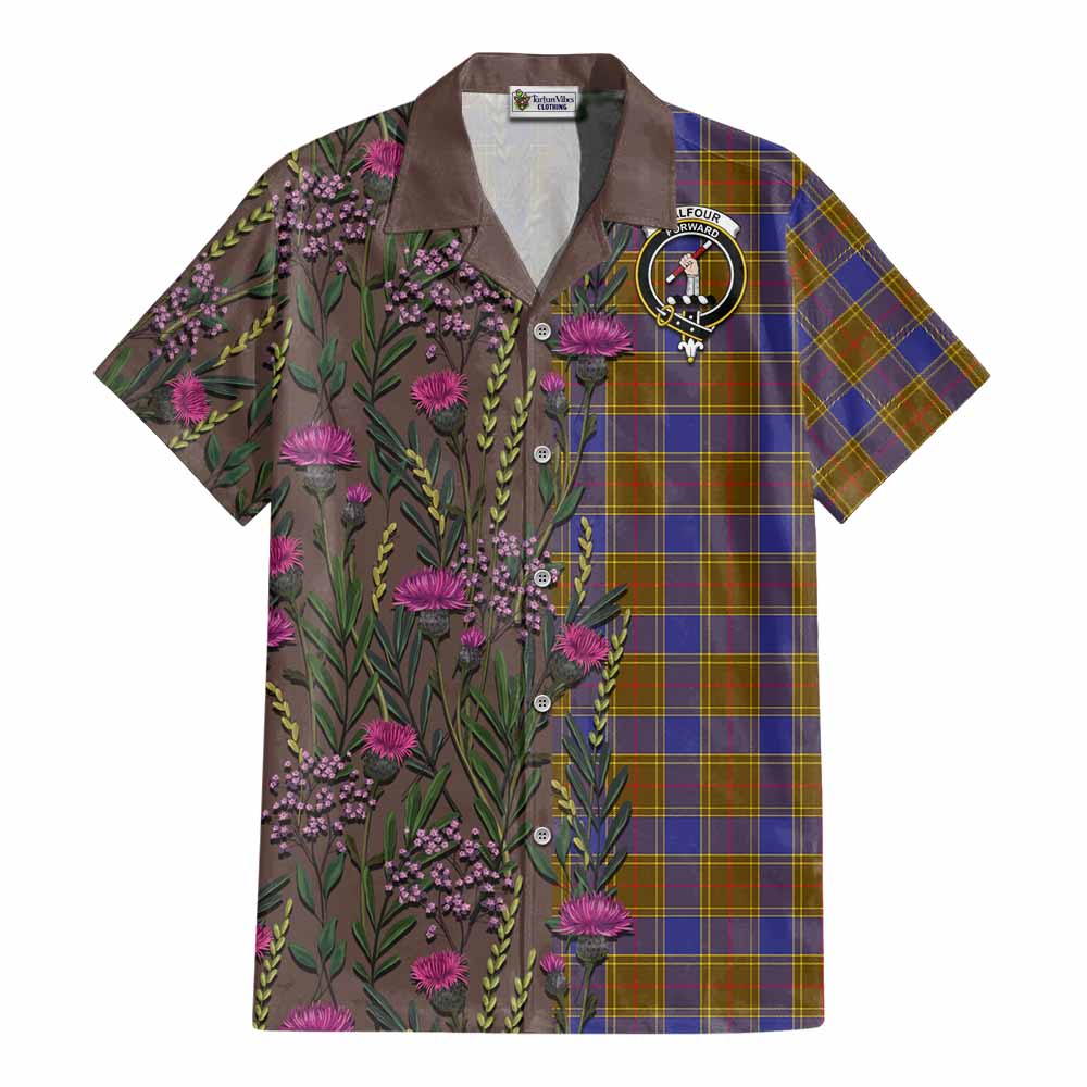 Balfour Family Crest Tartan Cotton Hawaiian Shirt Scottish Thistle Flower Pattern Half Style - Tartan Vibes Clothing