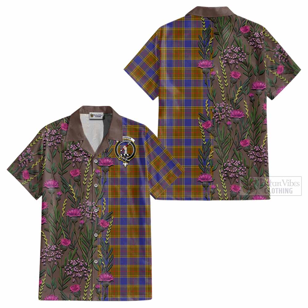 Balfour Family Crest Tartan Cotton Hawaiian Shirt Scottish Thistle Flower Pattern Half Style - Tartan Vibes Clothing