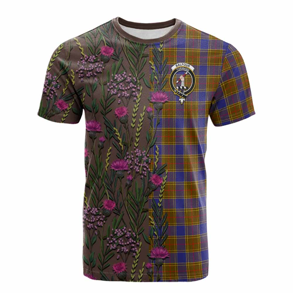 Balfour Family Crest Tartan Cotton T-shirt Scottish Thistle Flower Pattern Half Style - Tartan Vibes Clothing