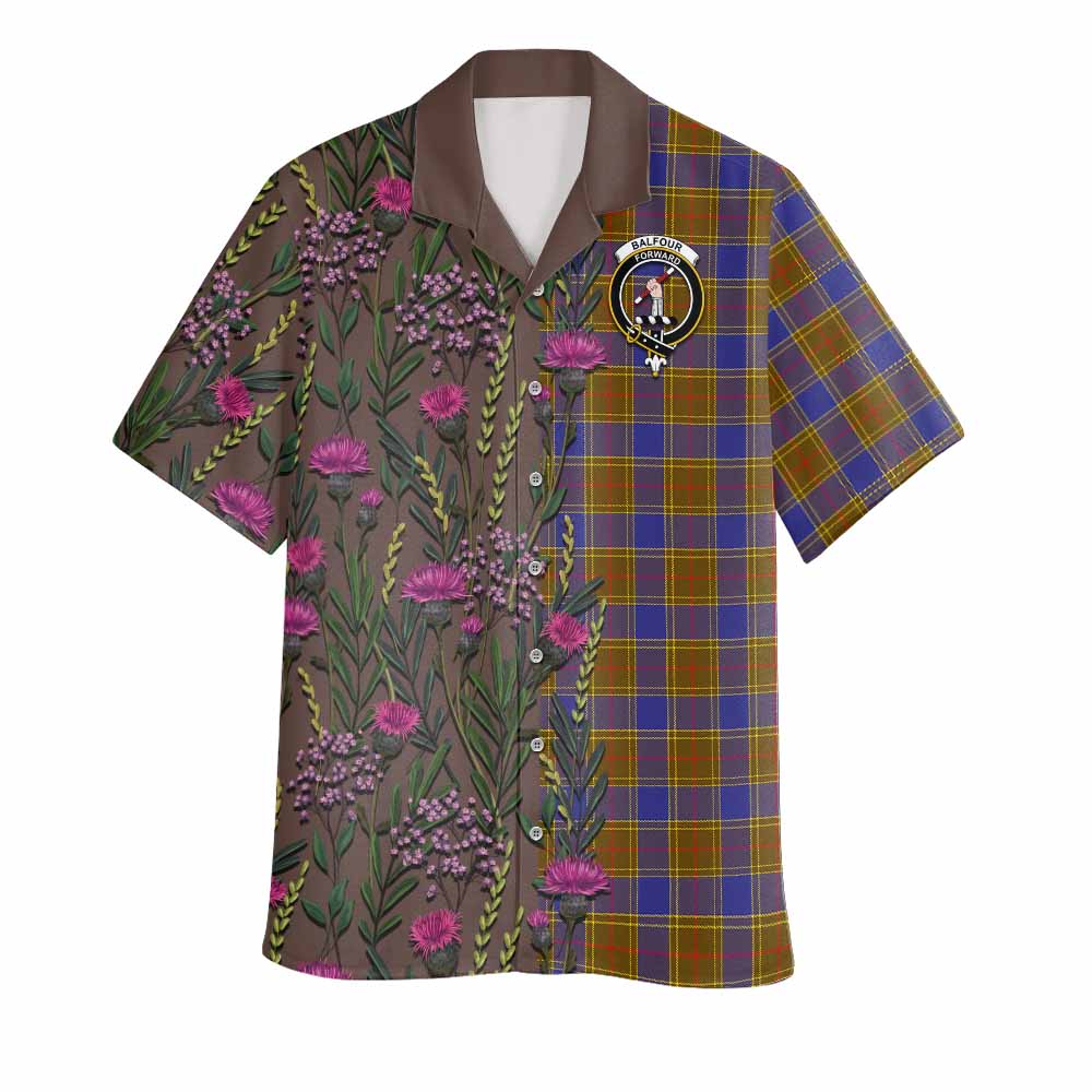 Balfour Family Crest Tartan Hawaiian Shirt Scottish Thistle Flower Pattern Half Style - Tartan Vibes Clothing
