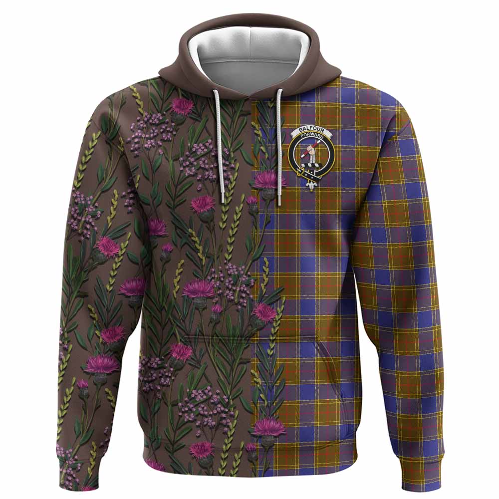 Balfour Family Crest Tartan Hoodie Scottish Thistle Flower Pattern Half Style - Tartan Vibes Clothing