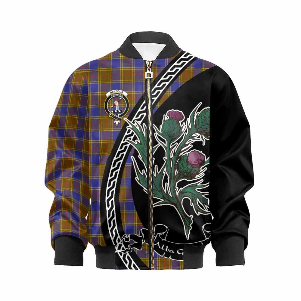 Balfour Family Crest Tartan Kid Bomber Jacket Alba Thistle Inspired - Tartan Vibes Clothing