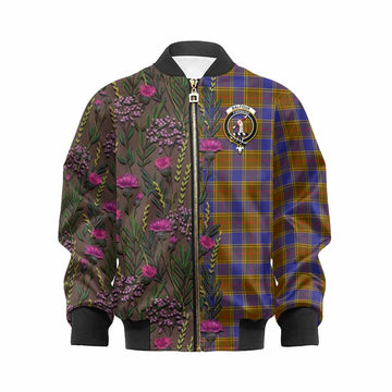 Balfour Family Crest Tartan Kid Bomber Jacket Scottish Thistle Flower Pattern Half Style - Tartan Vibes Clothing