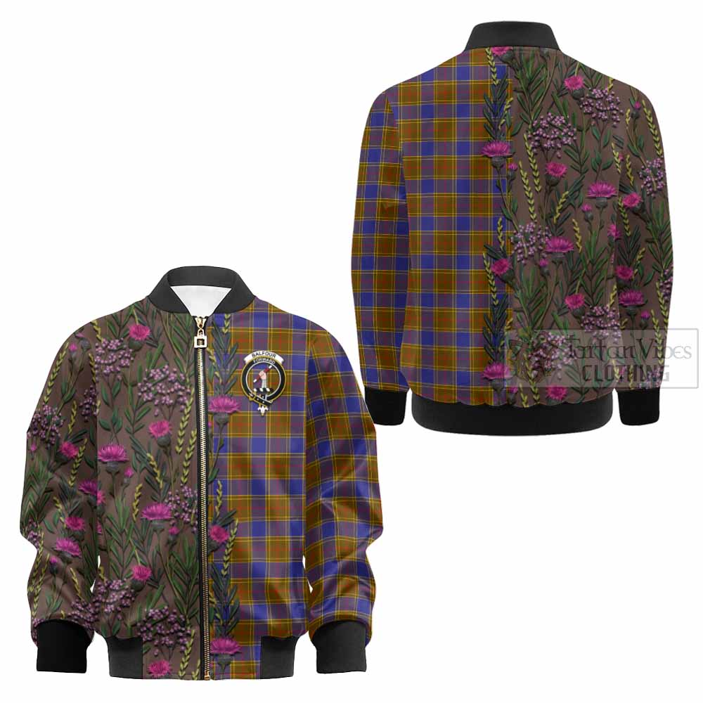 Balfour Family Crest Tartan Kid Bomber Jacket Scottish Thistle Flower Pattern Half Style - Tartan Vibes Clothing