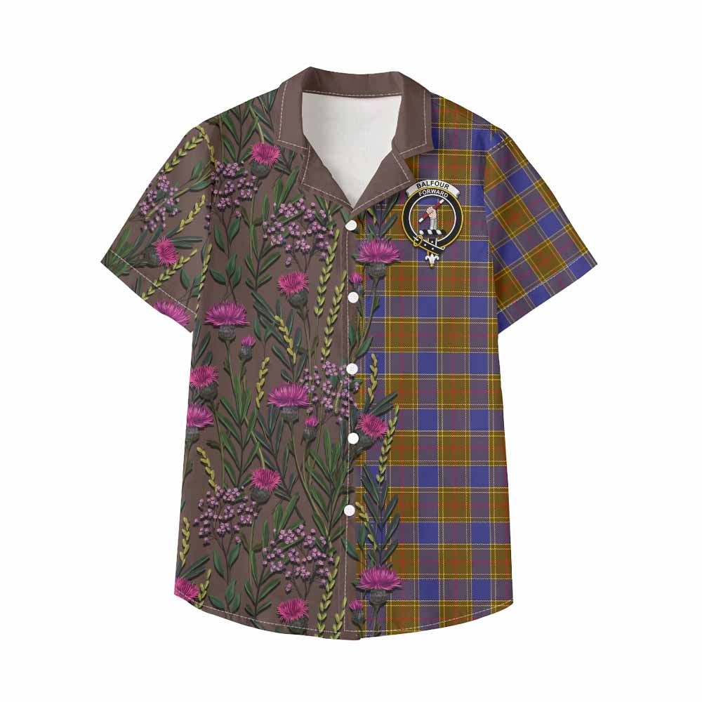 Balfour Family Crest Tartan Kid Hawaiian Shirt Scottish Thistle Flower Pattern Half Style - Tartan Vibes Clothing