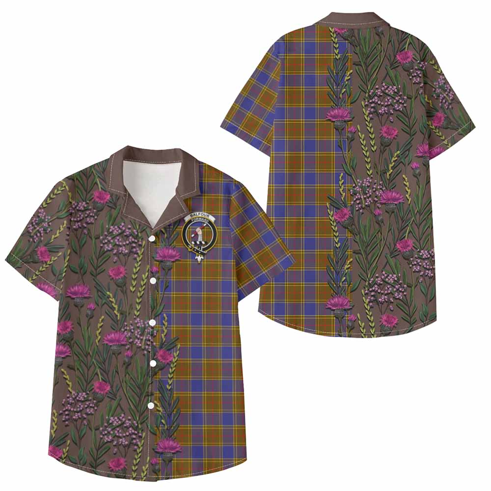 Balfour Family Crest Tartan Kid Hawaiian Shirt Scottish Thistle Flower Pattern Half Style - Tartan Vibes Clothing
