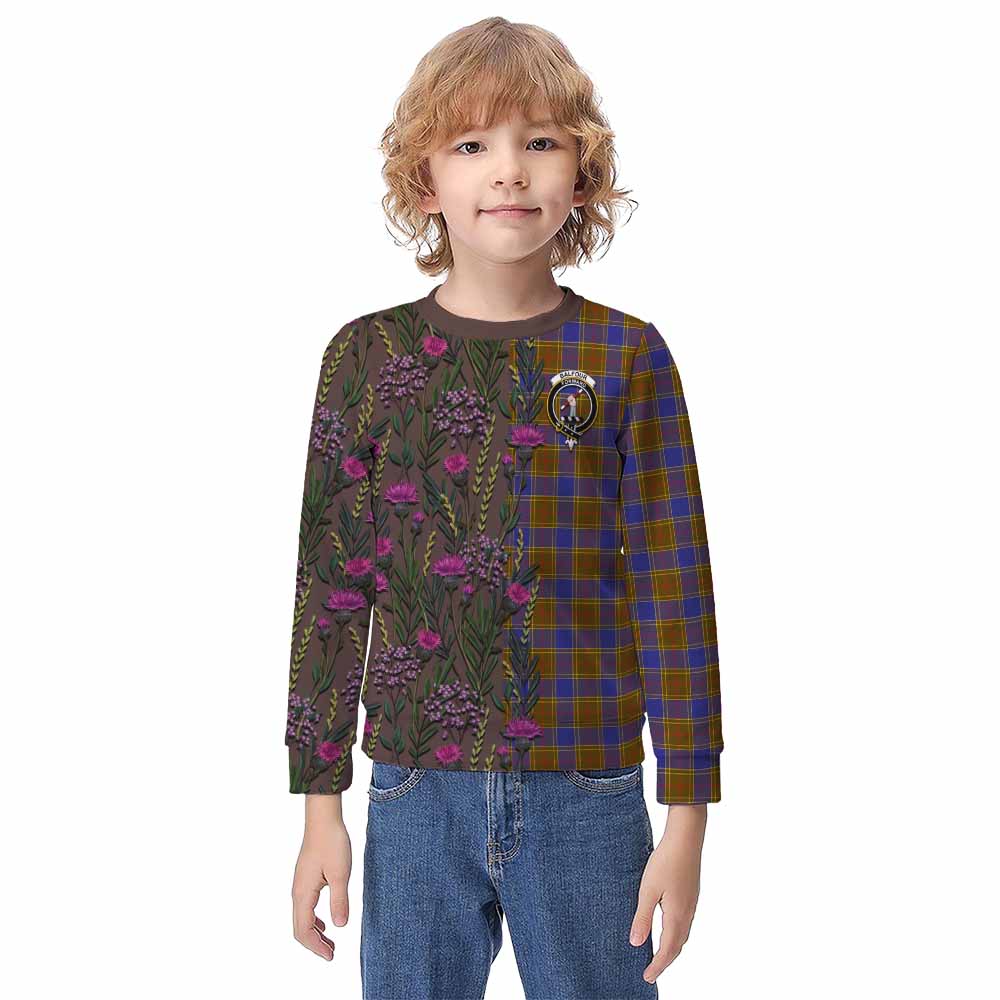 Balfour Family Crest Tartan Kid Knitted Sweatshirt Scottish Thistle Flower Pattern Half Style - Tartan Vibes Clothing