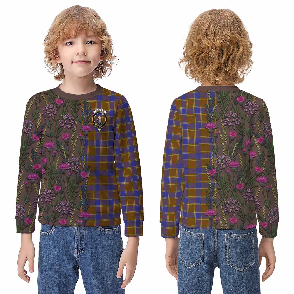 Balfour Family Crest Tartan Kid Knitted Sweatshirt Scottish Thistle Flower Pattern Half Style - Tartan Vibes Clothing