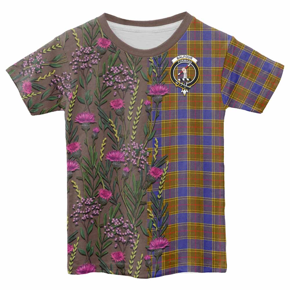 Balfour Family Crest Tartan Kid T-shirt Scottish Thistle Flower Pattern Half Style - Tartan Vibes Clothing