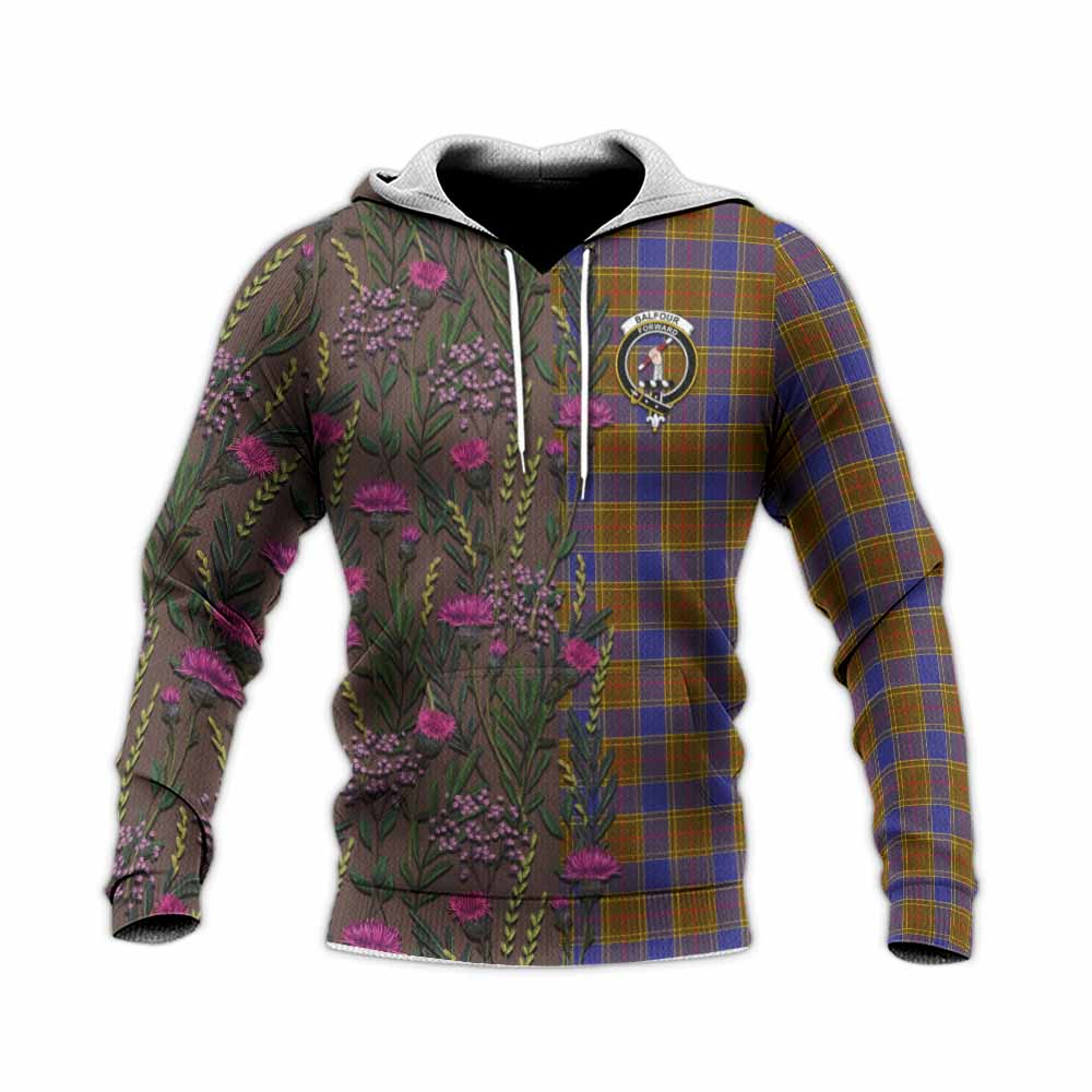 Balfour Family Crest Tartan Knitted Hoodie Scottish Thistle Flower Pattern Half Style - Tartan Vibes Clothing