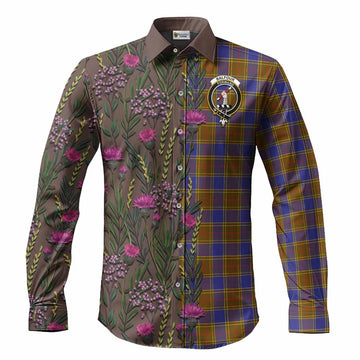Balfour Family Crest Tartan Long Sleeve Button Shirts Scottish Thistle Flower Pattern Half Style