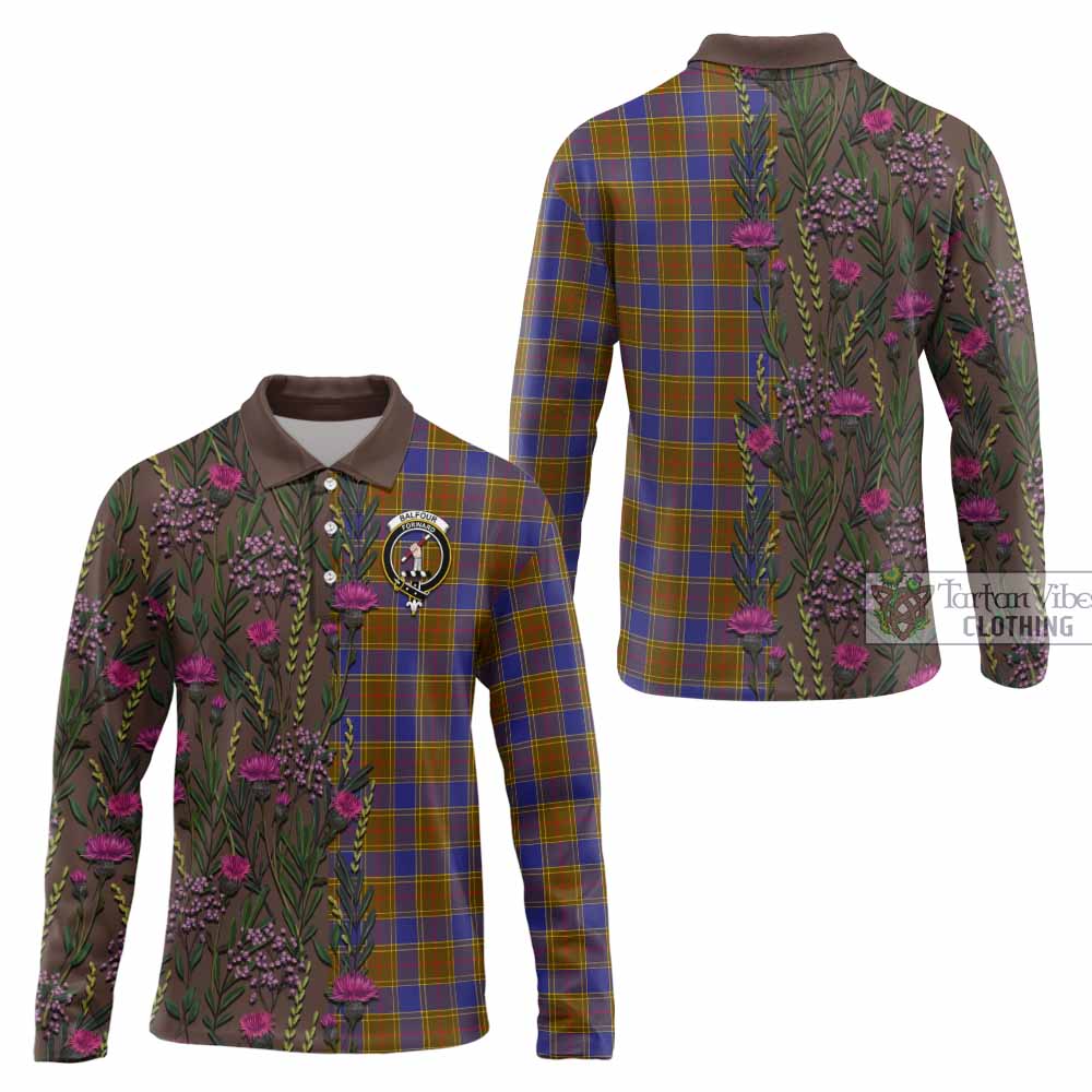 Balfour Family Crest Tartan Long Sleeve Polo Shirt Scottish Thistle Flower Pattern Half Style - Tartan Vibes Clothing
