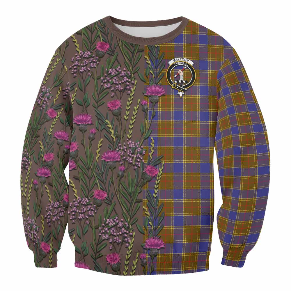 Balfour Family Crest Tartan Sweatshirt Scottish Thistle Flower Pattern Half Style - Tartan Vibes Clothing