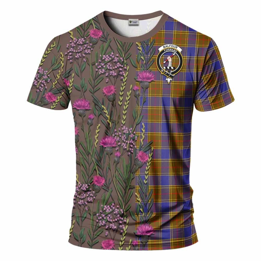 Balfour Family Crest Tartan T-Shirt Scottish Thistle Flower Pattern Half Style - Tartan Vibes Clothing