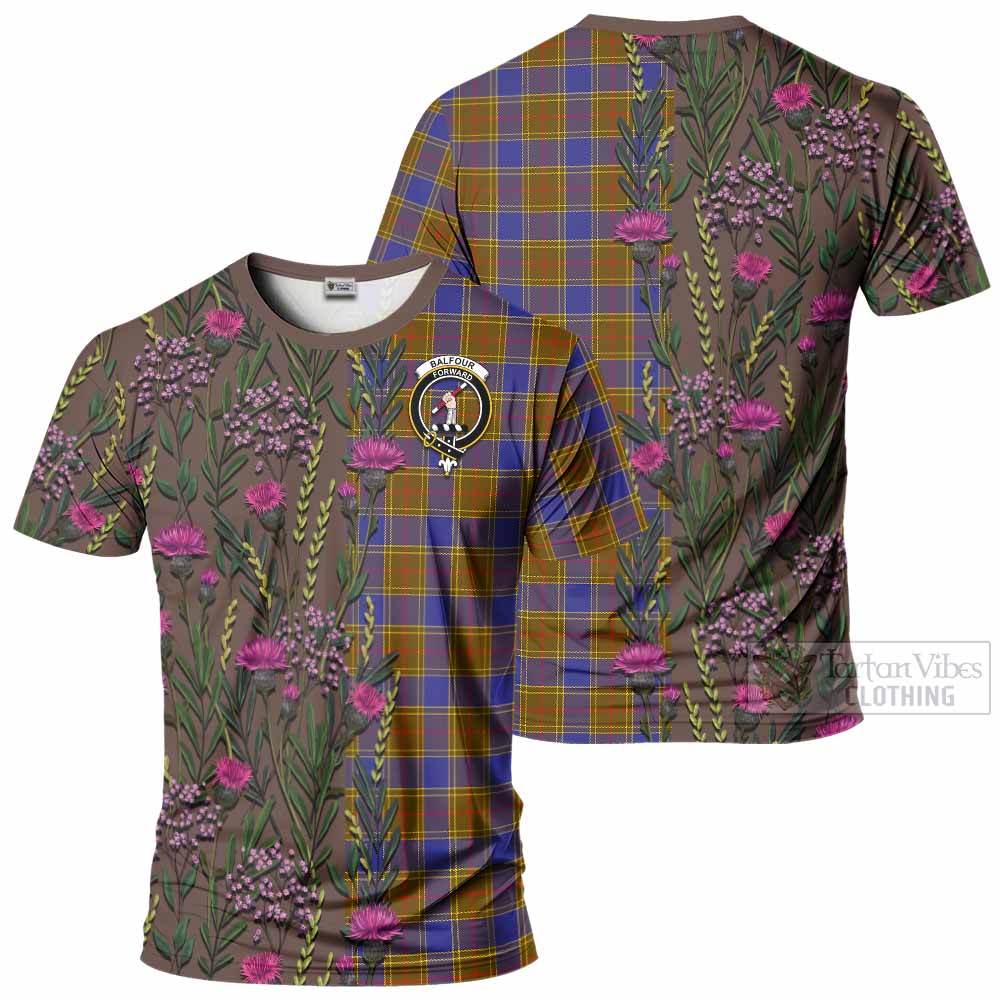 Balfour Family Crest Tartan T-Shirt Scottish Thistle Flower Pattern Half Style - Tartan Vibes Clothing