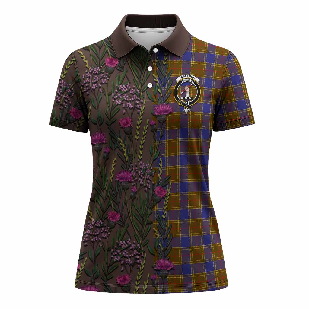 Balfour Family Crest Tartan Women Polo Shirt Scottish Thistle Flower Pattern Half Style - Tartan Vibes Clothing