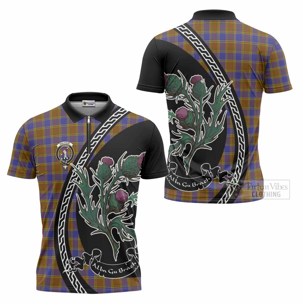 Balfour Family Crest Tartan Zipper Polo Shirt Alba Thistle Inspired - Tartan Vibes Clothing