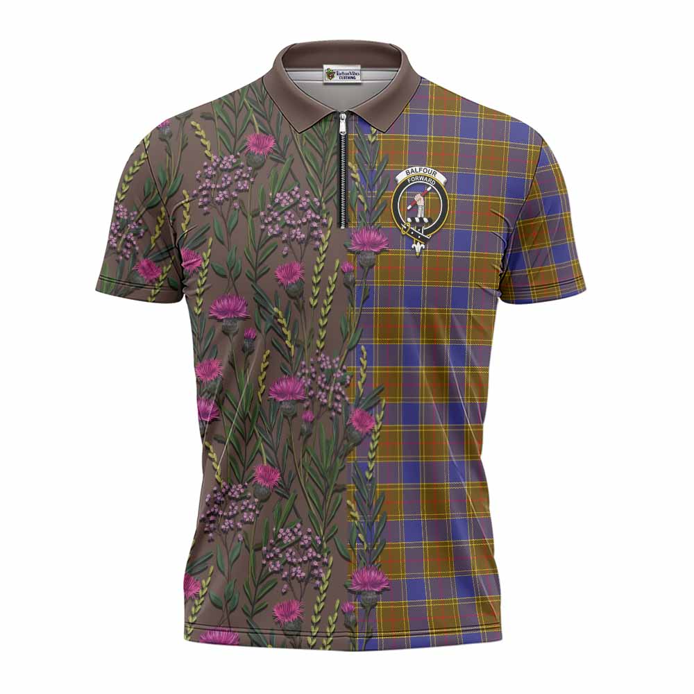 Balfour Family Crest Tartan Zipper Polo Shirt Scottish Thistle Flower Pattern Half Style - Tartan Vibes Clothing
