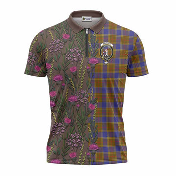 Balfour Family Crest Tartan Zipper Polo Shirt Scottish Thistle Flower Pattern Half Style