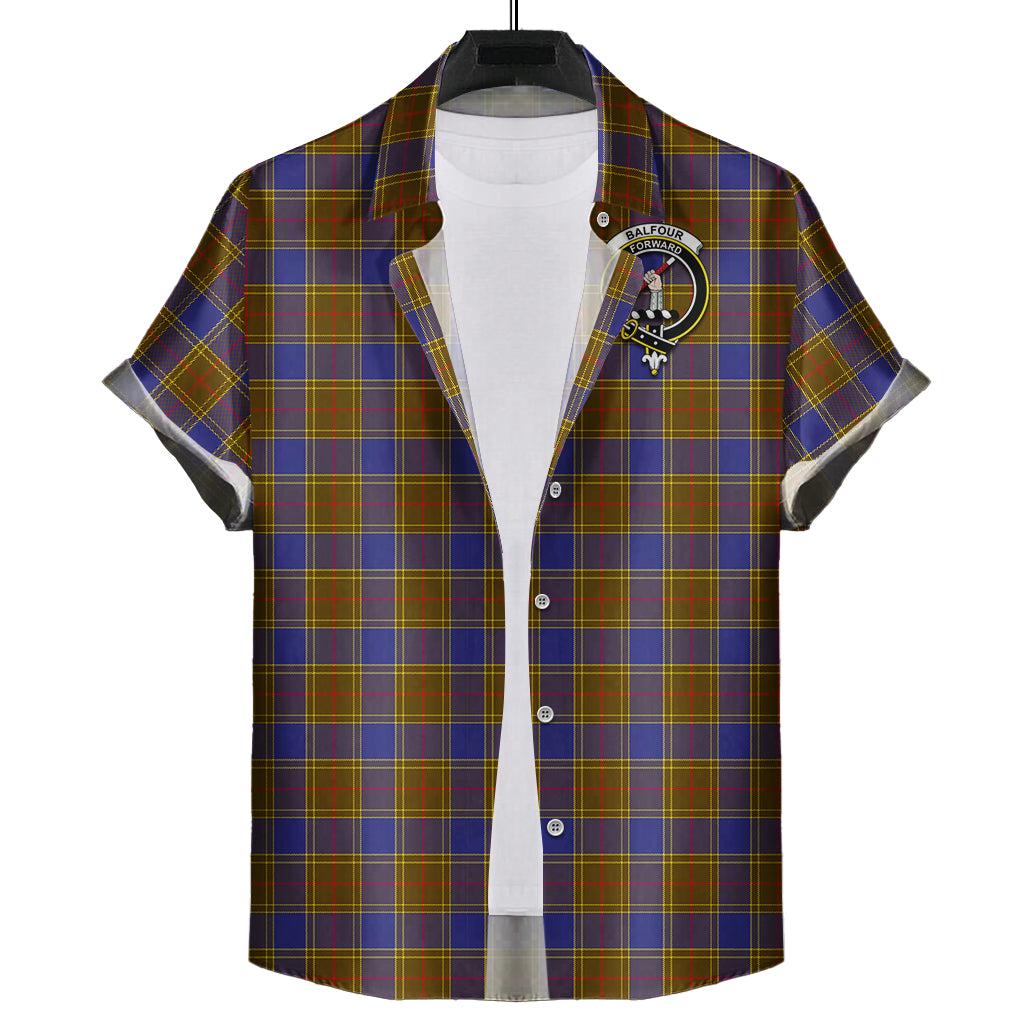 Balfour Modern Tartan Short Sleeve Button Down Shirt with Family Crest - Tartanvibesclothing