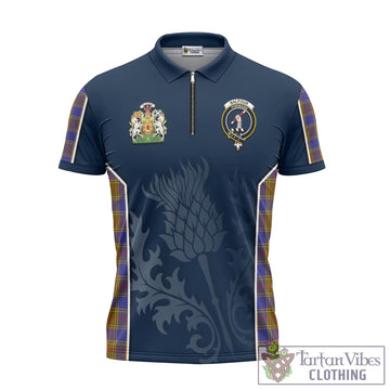 Balfour Modern Tartan Zipper Polo Shirt with Family Crest and Scottish Thistle Vibes Sport Style