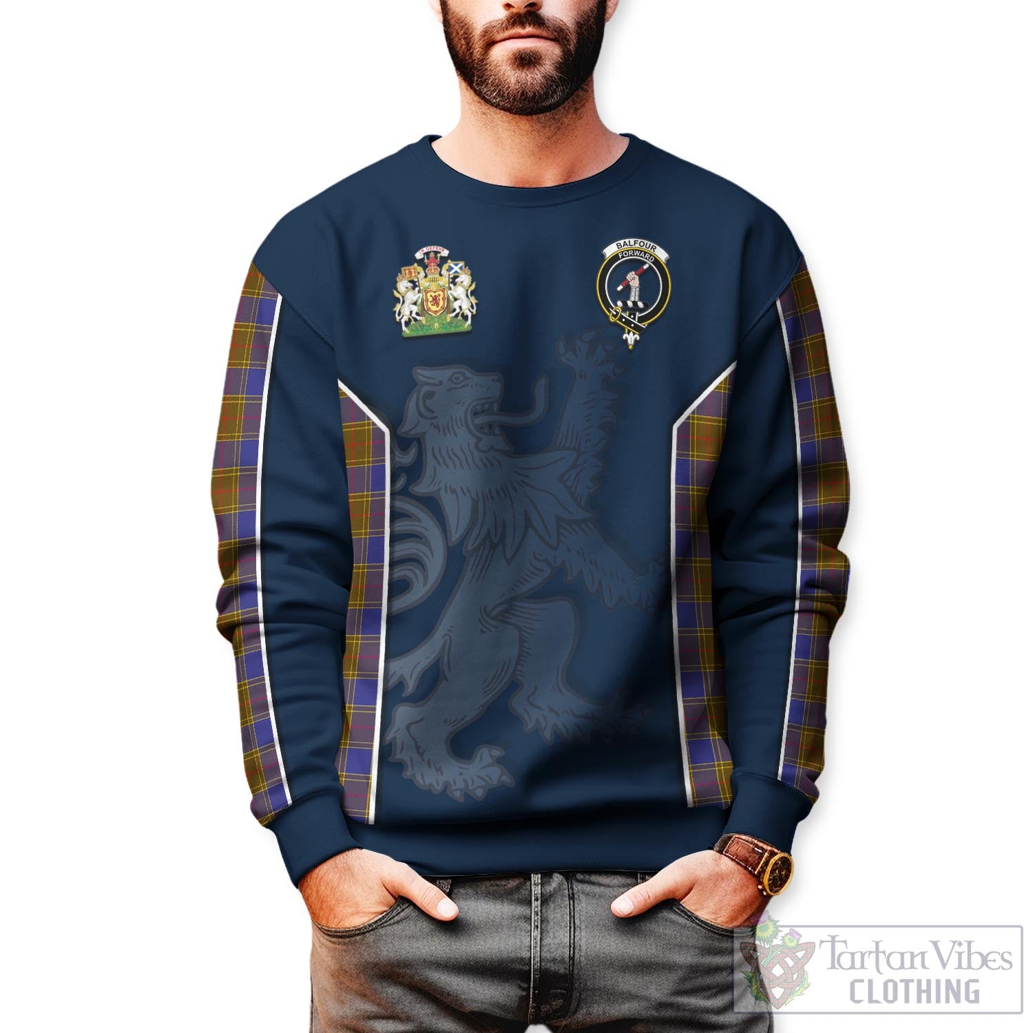 Tartan Vibes Clothing Balfour Modern Tartan Sweater with Family Crest and Lion Rampant Vibes Sport Style