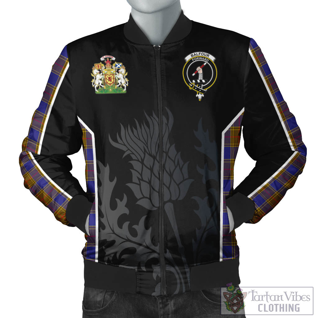 Tartan Vibes Clothing Balfour Modern Tartan Bomber Jacket with Family Crest and Scottish Thistle Vibes Sport Style