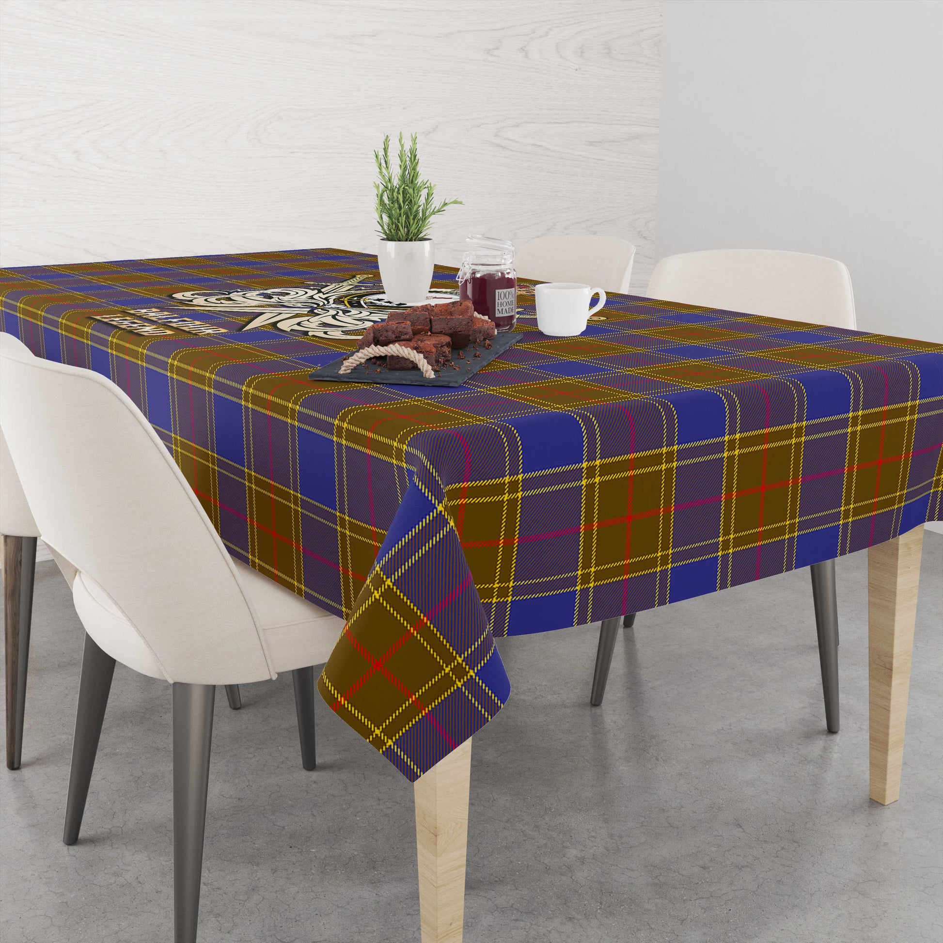 Tartan Vibes Clothing Balfour Modern Tartan Tablecloth with Clan Crest and the Golden Sword of Courageous Legacy