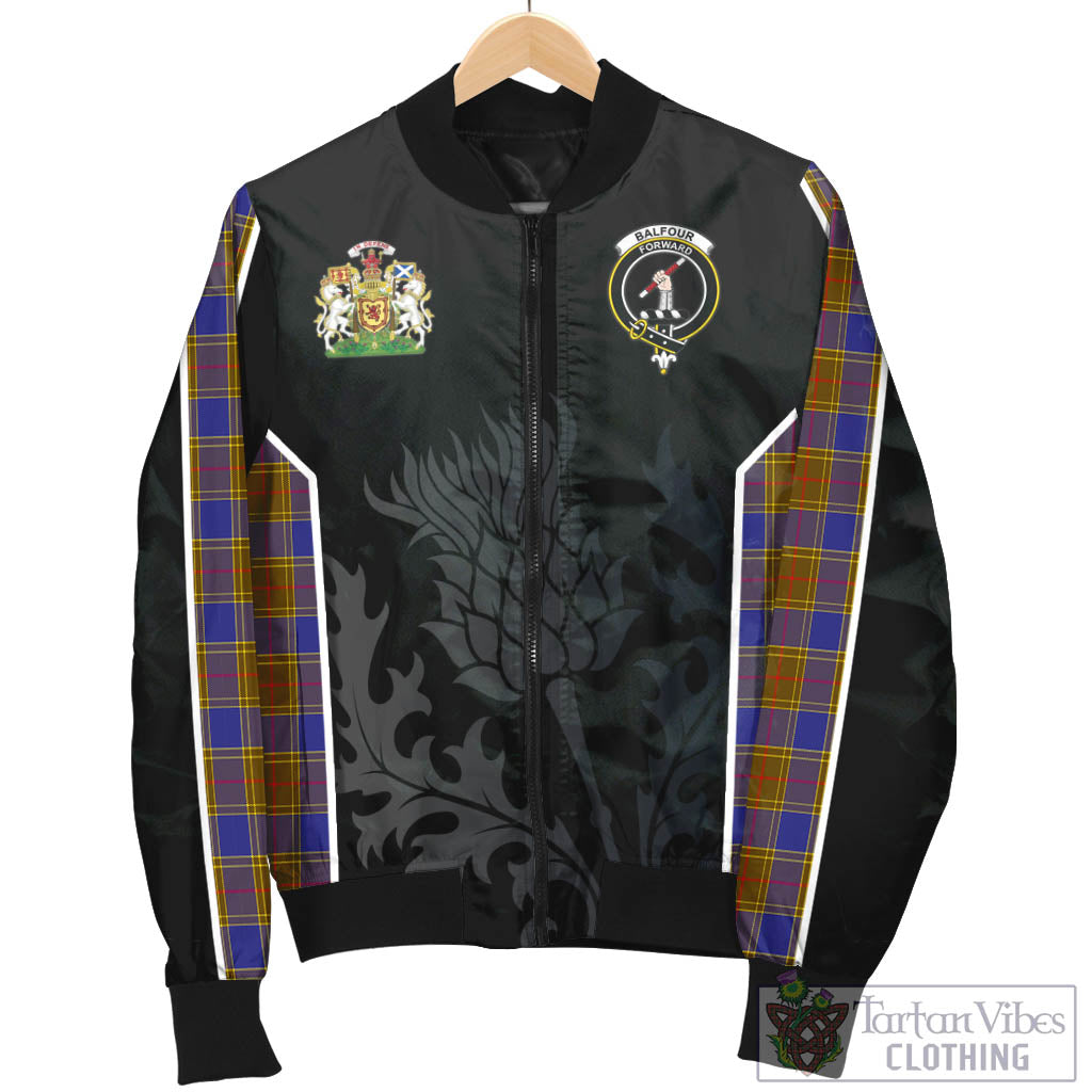 Tartan Vibes Clothing Balfour Modern Tartan Bomber Jacket with Family Crest and Scottish Thistle Vibes Sport Style