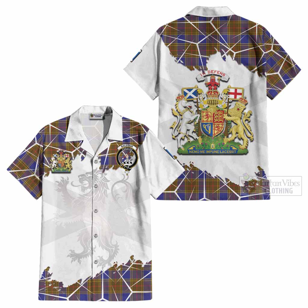Balfour Tartan Cotton Hawaiian Shirt with Family Crest and Lion Rampant Grunge Style