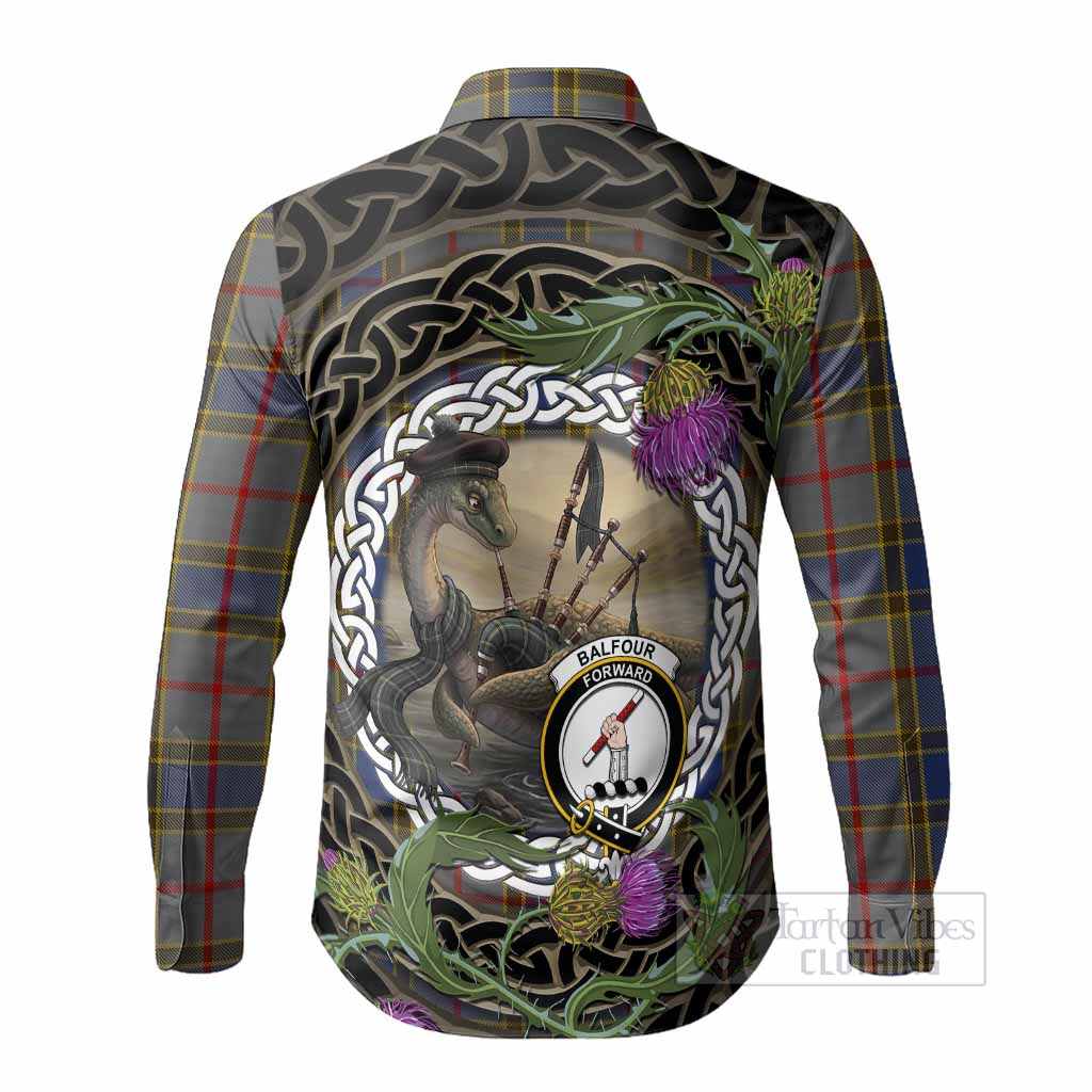 Balfour Tartan Crest Bagpipe Nessie Long Sleeve Button Shirts Scottish Loch Ness Monster Celtic Thistle